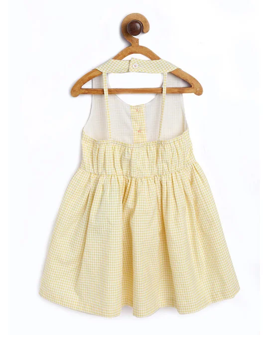 Nautinati pale yellow gingham Girls' 100% Cotton Gingham Chequered Fit & Flare Dress with Watering Can Embroidery & Floral Applique for Women | Best Price UAE